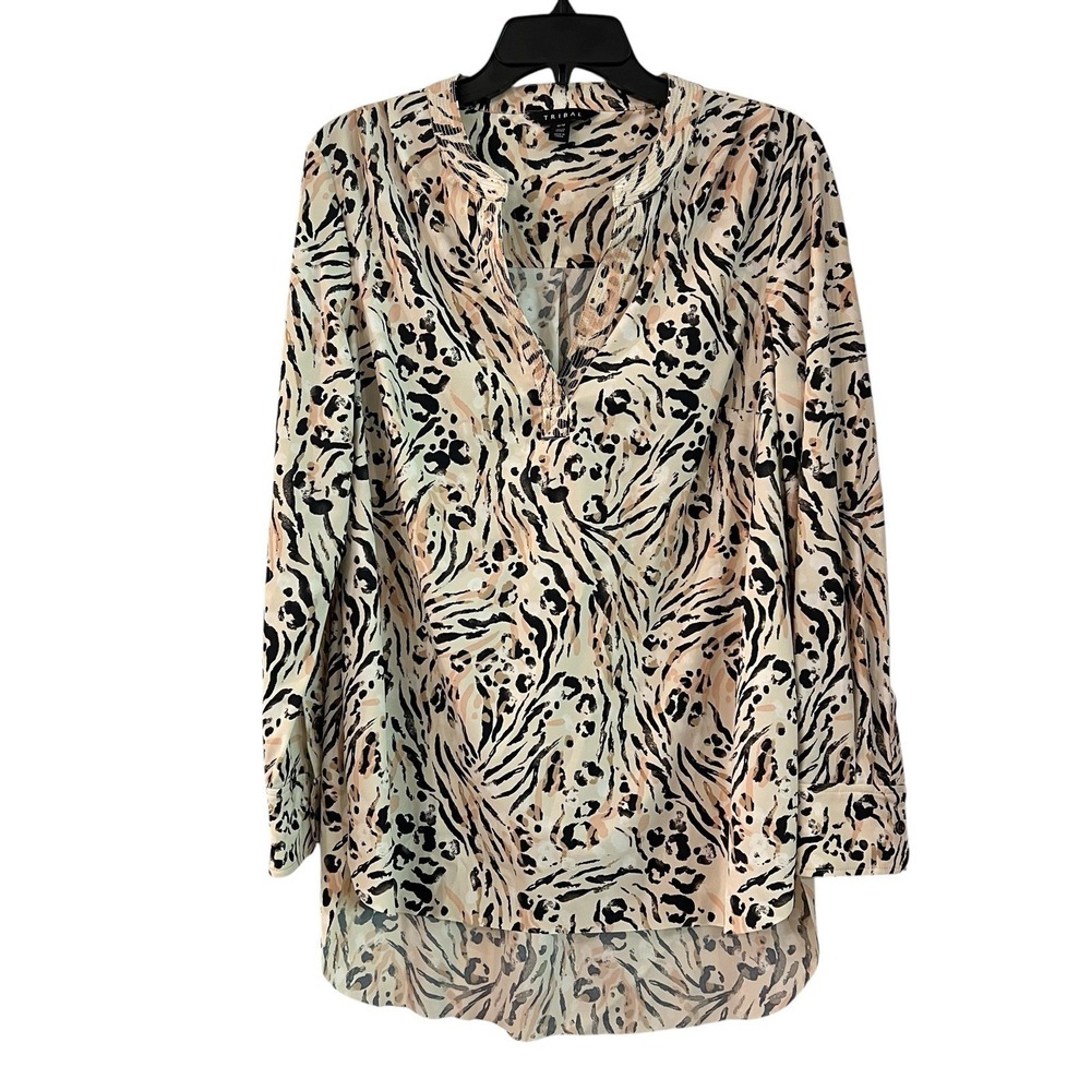 TRIBAL Long‎ Sleeve Lightweight Tunic Medium Beige Multicolor Gentle Drape